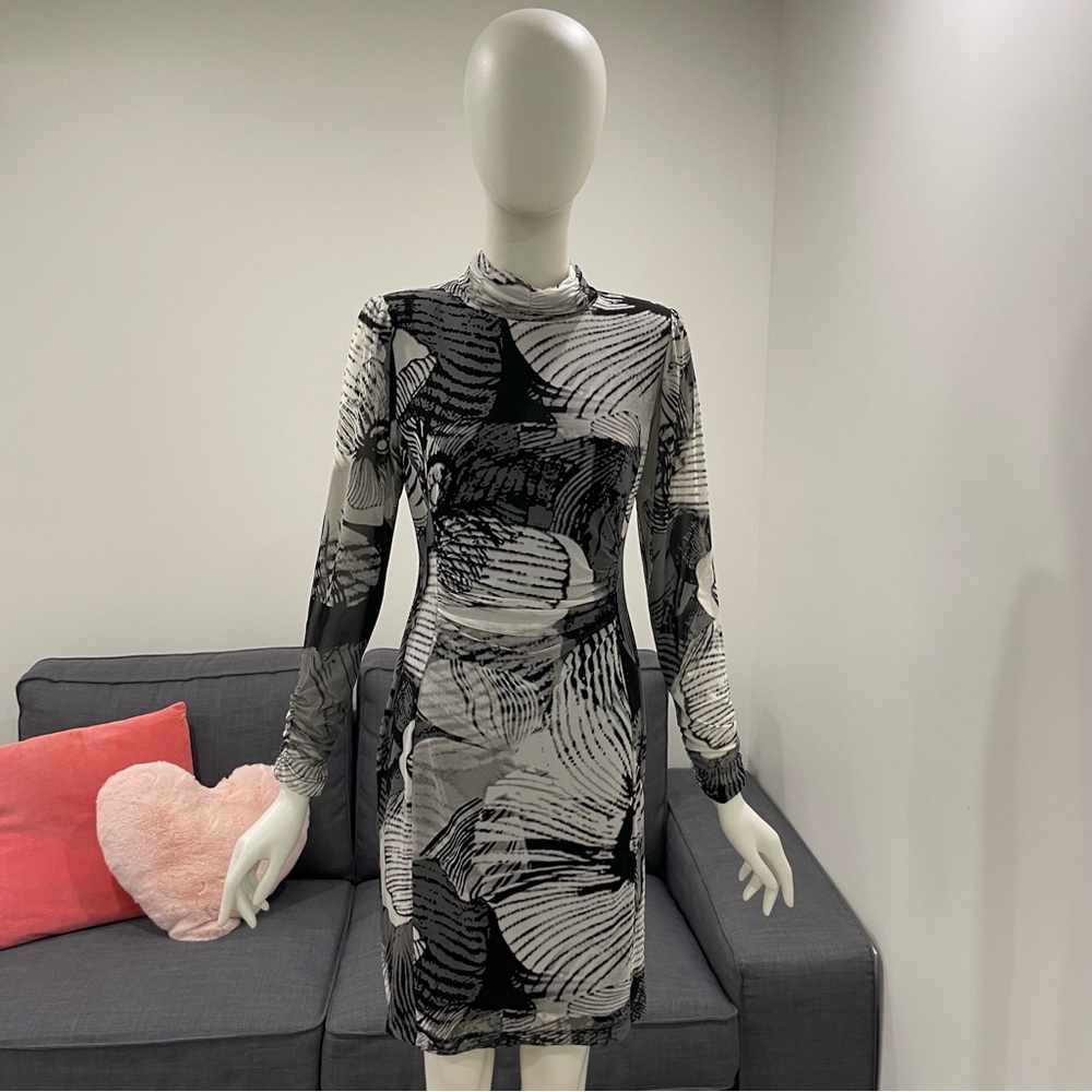 NWT PICADILLY Dress Black Grey with Sheer Sleeves Ruching and Draping Size Small